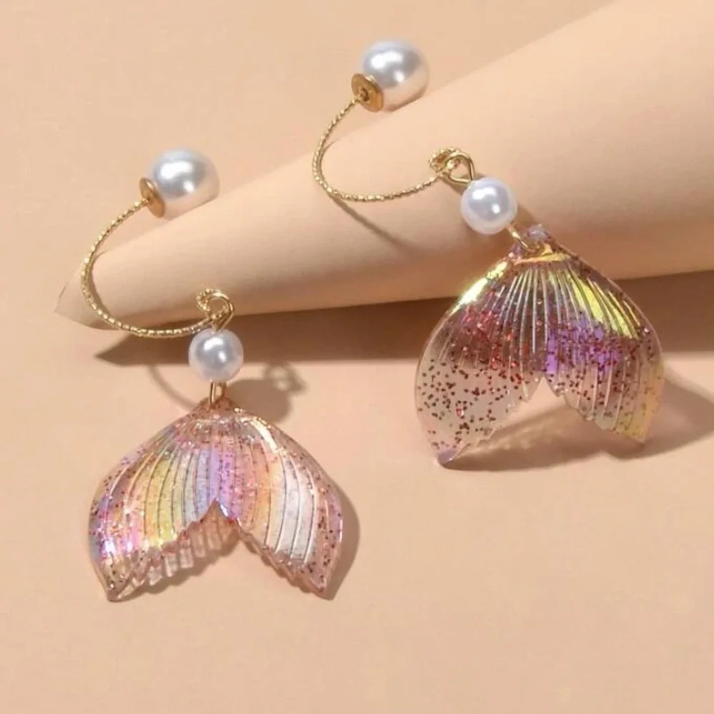 Faux pearl incandescent glitter Mermaid tail dangle drop statement earrings